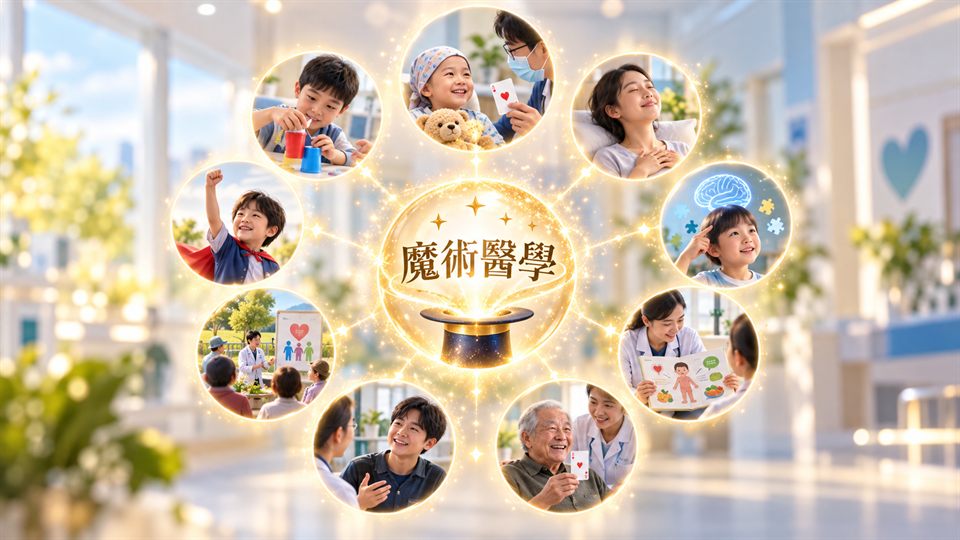 中央是寫著「魔術醫學」的魔術帽，周圍的圓形畫面呈現魔術在兒童醫療、復健、放鬆、認知訓練、健康教育、長者照護與社區活動中的應用